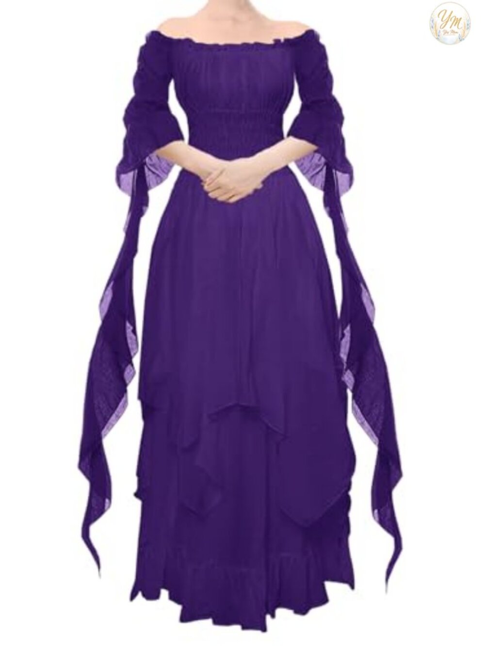 Victorian Renaissance Costume Puff Sleeve Off Shoulder Ruffle Medieval Dress